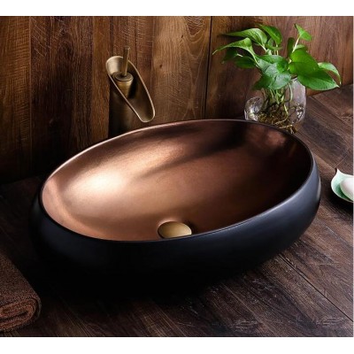 jingde zhen popular Oval design handmade clay basin royal porcelain bronze sink